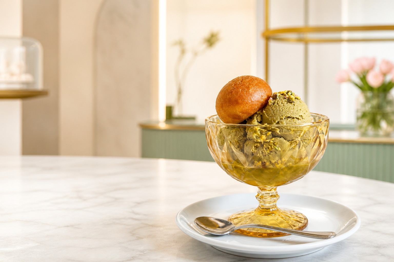 Granita al pistacchio con brioche servita nella coppa