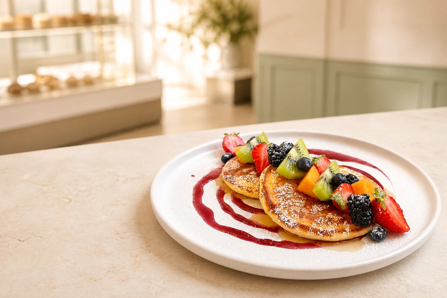 Pancake con frutta fresca, frutti di bosco e salsa