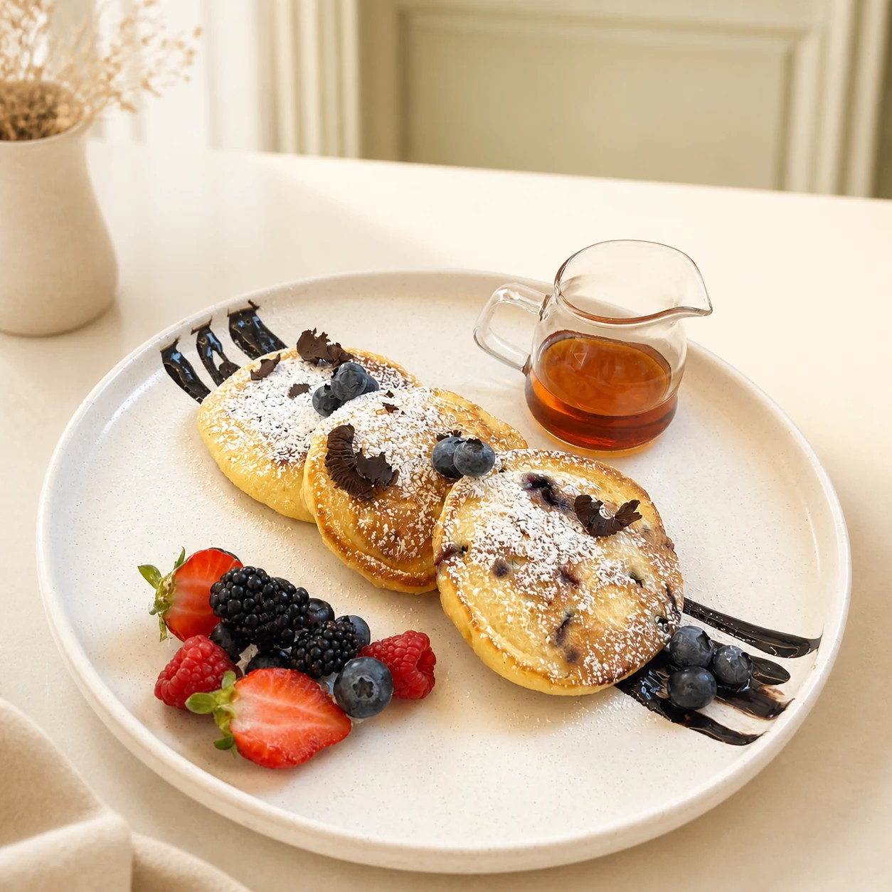 Tris di pancake classico, al cioccolato e ai mirtilli con sciroppo d'acero
